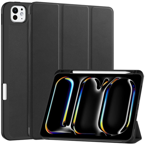 ELEHOLD for iPad Pro 11 inch 2024 Tri-fold Leather with Pencil Holder Case Kickstand Magnetic Folio Slim Shockproof TPU Cover for iPad Pro 11" 2024,Black