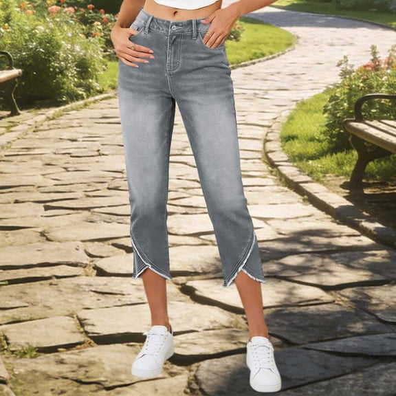 Abomasnow Women's Jeans High Waisted Stretchy Cropped Skinny Jeans Trendy Cross Frayed Hem Summer Denim Capri Pants