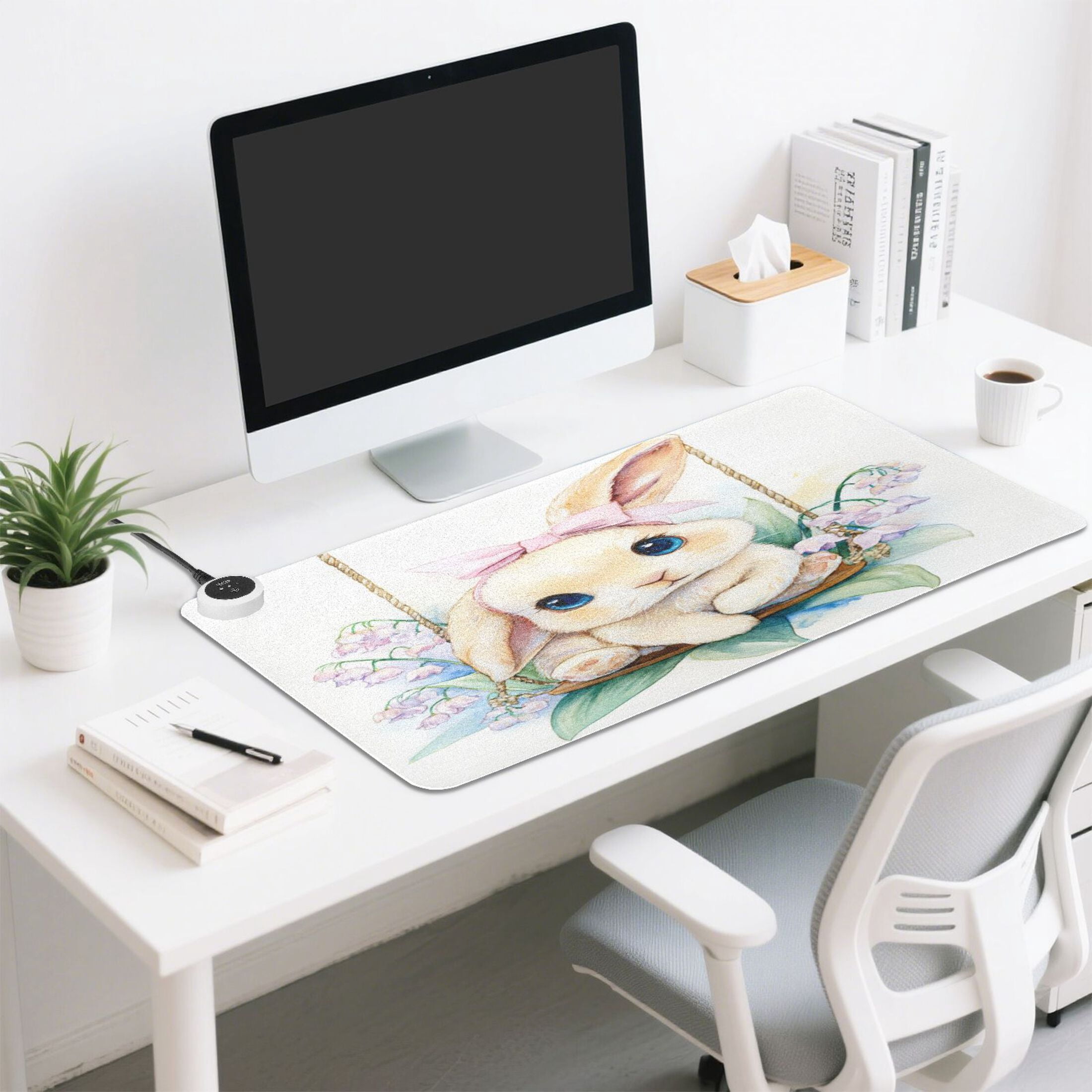 Large Heated Desk Mat Mouse Pad 31.5"x13"PU Leather Graphene Heating Desk Warmer with 3 Temperature Settings 110V US Plug Non-Slip Warm Pad for Home, Office, and Gaming Spring Bunny with Flowers