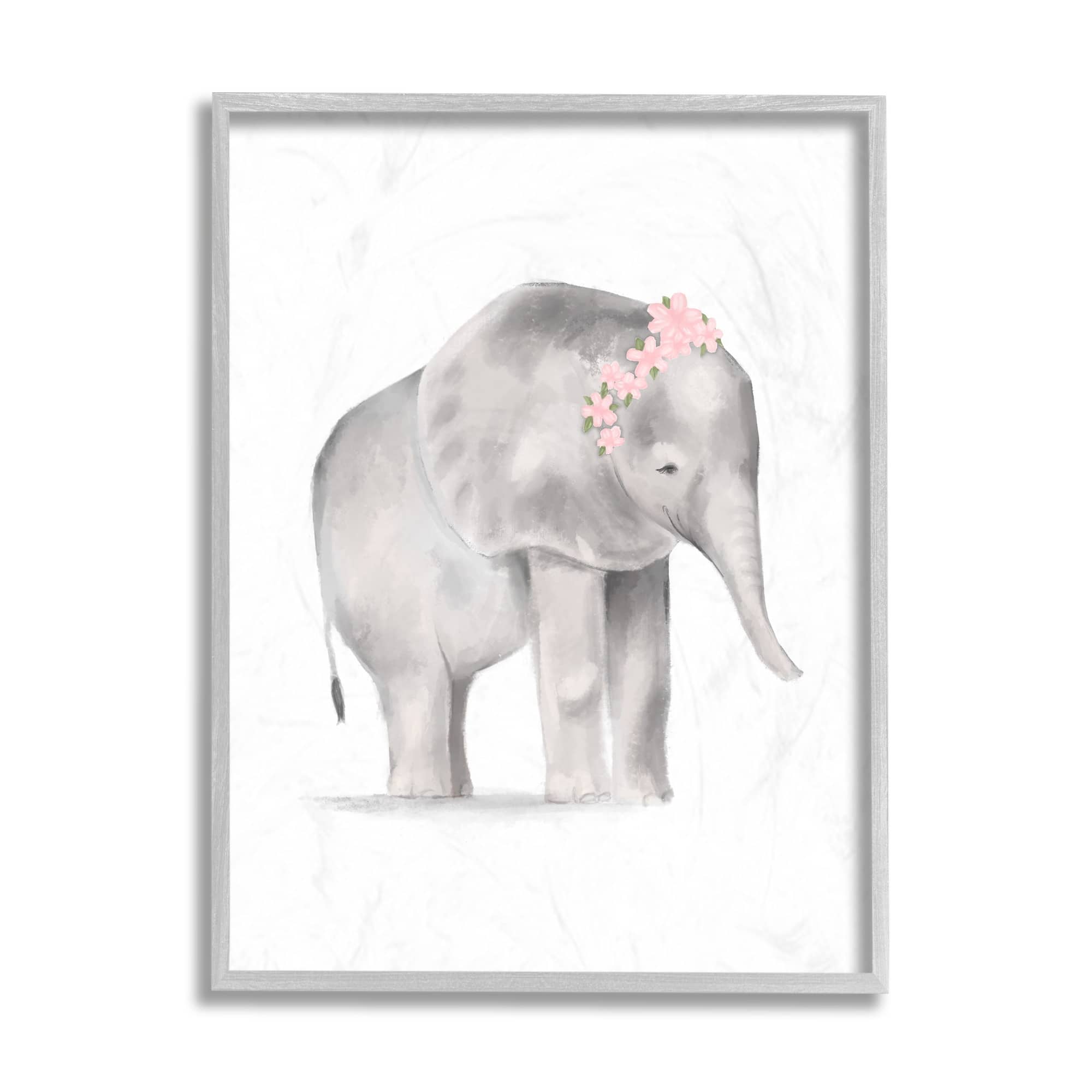 Stupell Industries Floral Crown Baby Elephant Soft Pink Grey Illustration Grey Framed, 11 x 14, Design by Daphne Polselli
