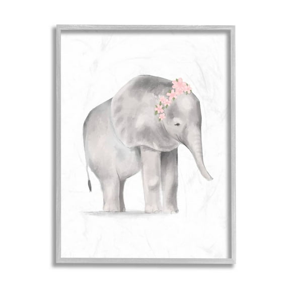 Stupell Industries Floral Crown Baby Elephant Soft Pink Grey Illustration Grey Framed, 16 x 20, Design by Daphne Polselli