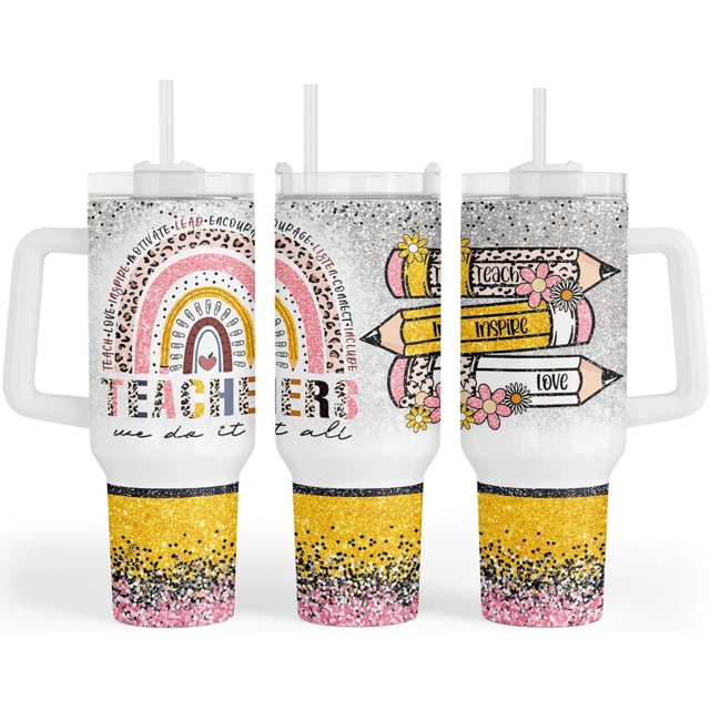 40 oz Stainless Steel Travel Tumbler with Handle Lid and Straw, Teacher Gifts for Women from Students on Birthday Appreciation Week Cool Funny Drinking Mug Cup (Teachers-40oz)