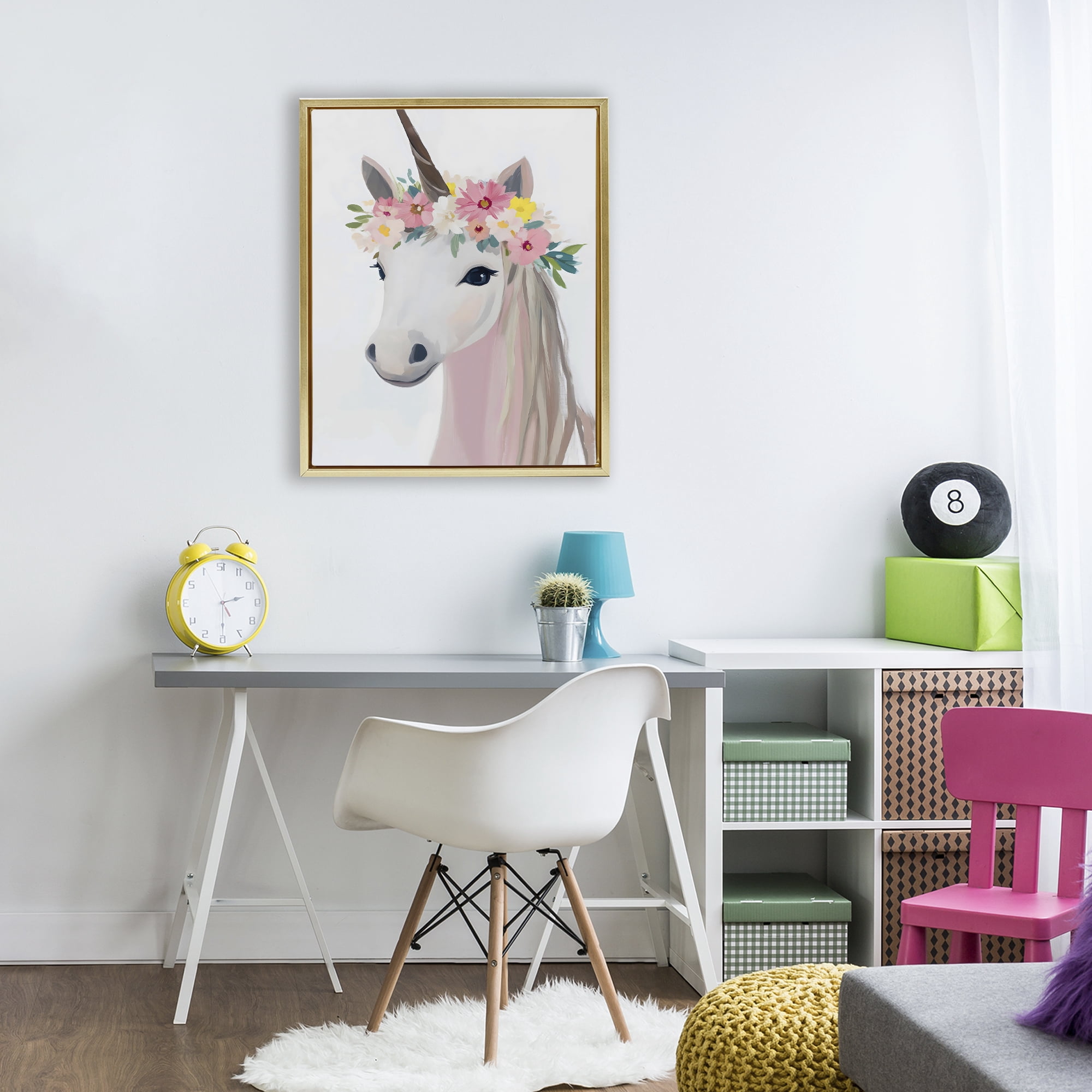 Stupell Industries Flower Crown Unicorn Gold Framed Floater Canvas Wall Art, design by The Prints Vibe