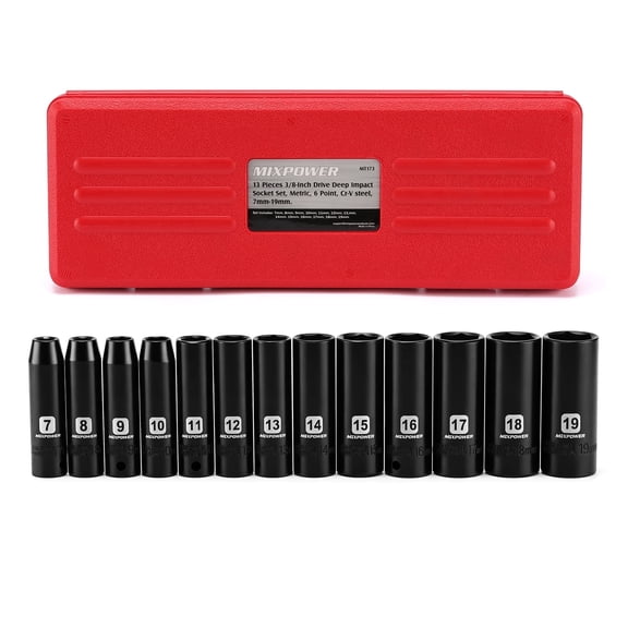 MIXPOWER PRO 13-Piece 3/8" Drive Deep Impact Socket Set, Metric 7mm-19mm, CR-V Steel, 6-Point