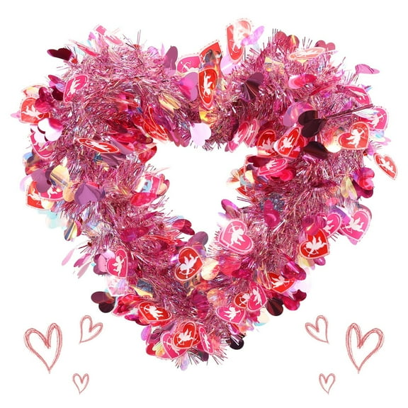 Valentine's Day Wreath for Front Door Valentines Tinsel Garland Wreath Shiny Metallic Foil Twist Garland Wreath Heart Wreaths with Love Heart Cupid Valentine's Day Wedding Door Wall Window Decor