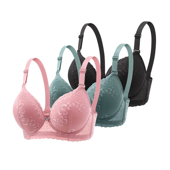 AINIYS 3PC Breathable Everyday Bras Underwire Lift and Support Push-Up Bra Lace Mesh Cleavage Bra High Support Plus Size Embroidery Light Padding Bras Bralette Secure Fit Bra for Women Pink 40