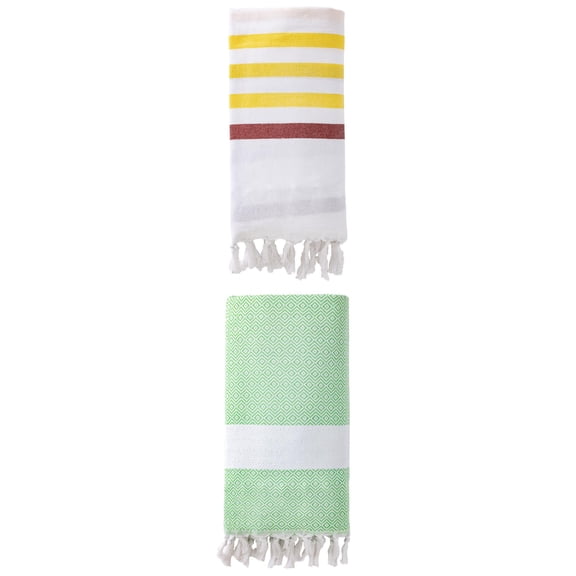 Unique Bargains 2 Pack Striped Turkish Woven Tassel Beach Towels Brown/Green 71"x40"