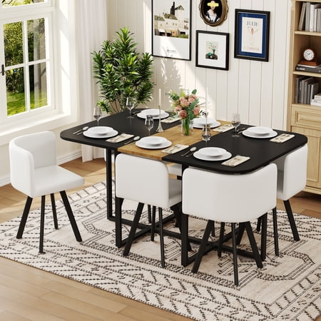 FFZ 7 Piece Black Wood Grain Dining Table Set 6 White PU Chairs Rectangular