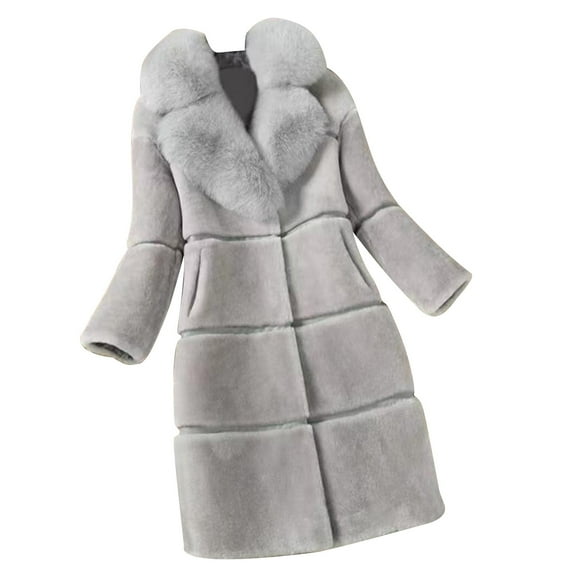 XPMWRP Women's Fleece Lapel Open Front Jackets Solid Color Long Sleeve Cardigan Coat Faux Fur Warm Winter Outerwear Jackets with Pocket Gray L