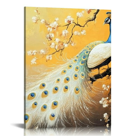 ZFLMY Peacock Flowers Tree Branch Canvas Prints Wall Art Home Decor Living Room Bathroom Office, Ready to Hang, Various Sizes 12x16in