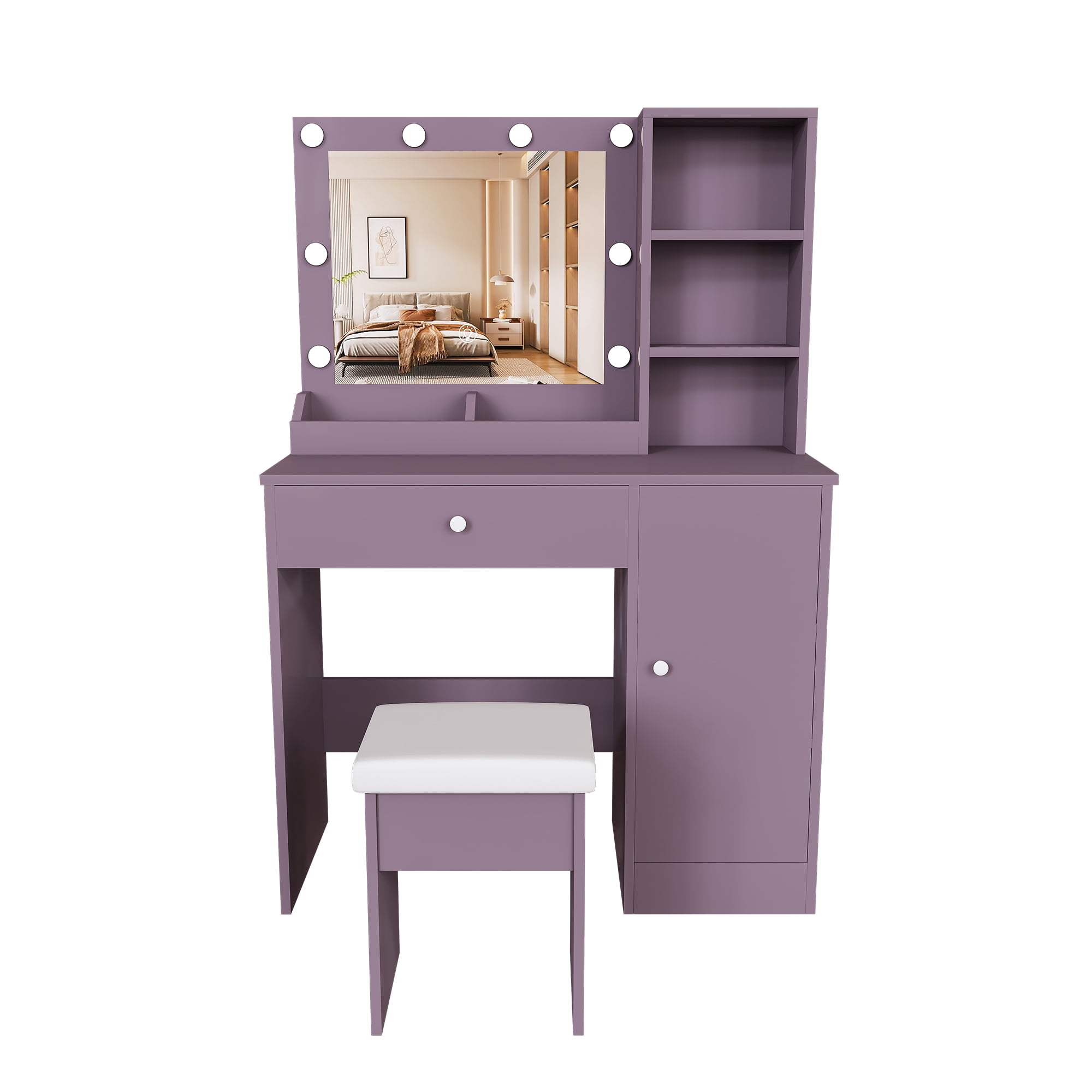 Vanity Desk Set with Padded Stool & Adjustable Lighted Mirror (Round Bulbs, 3 Color Modes), Modern Bedroom Makeup Vanity Desk Combo, Purple