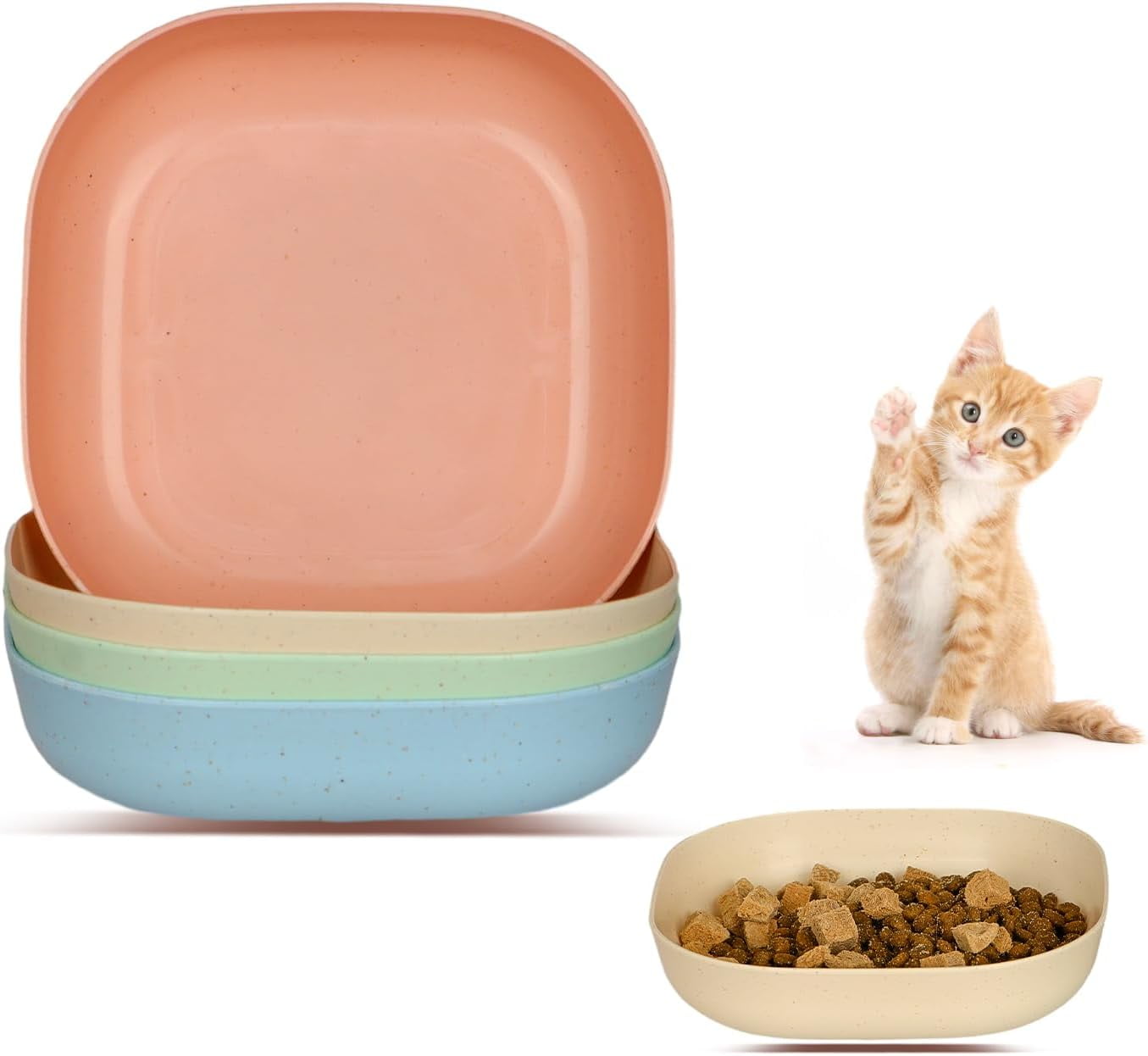 8-Piece Cat Food Bowl Set, 6-Inch Wide Shallow Cat Dish for Whisker Relief, Small Flat Pet Feeding Dish or Plate