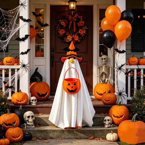 Halloween Ghost Costume Set for Porch, Orange Flowing Cape with Pointed Hat and Tote Bag, Spooky Garden Statue Outfit, Festive Fall Yard Decoration Dress-Up Kit