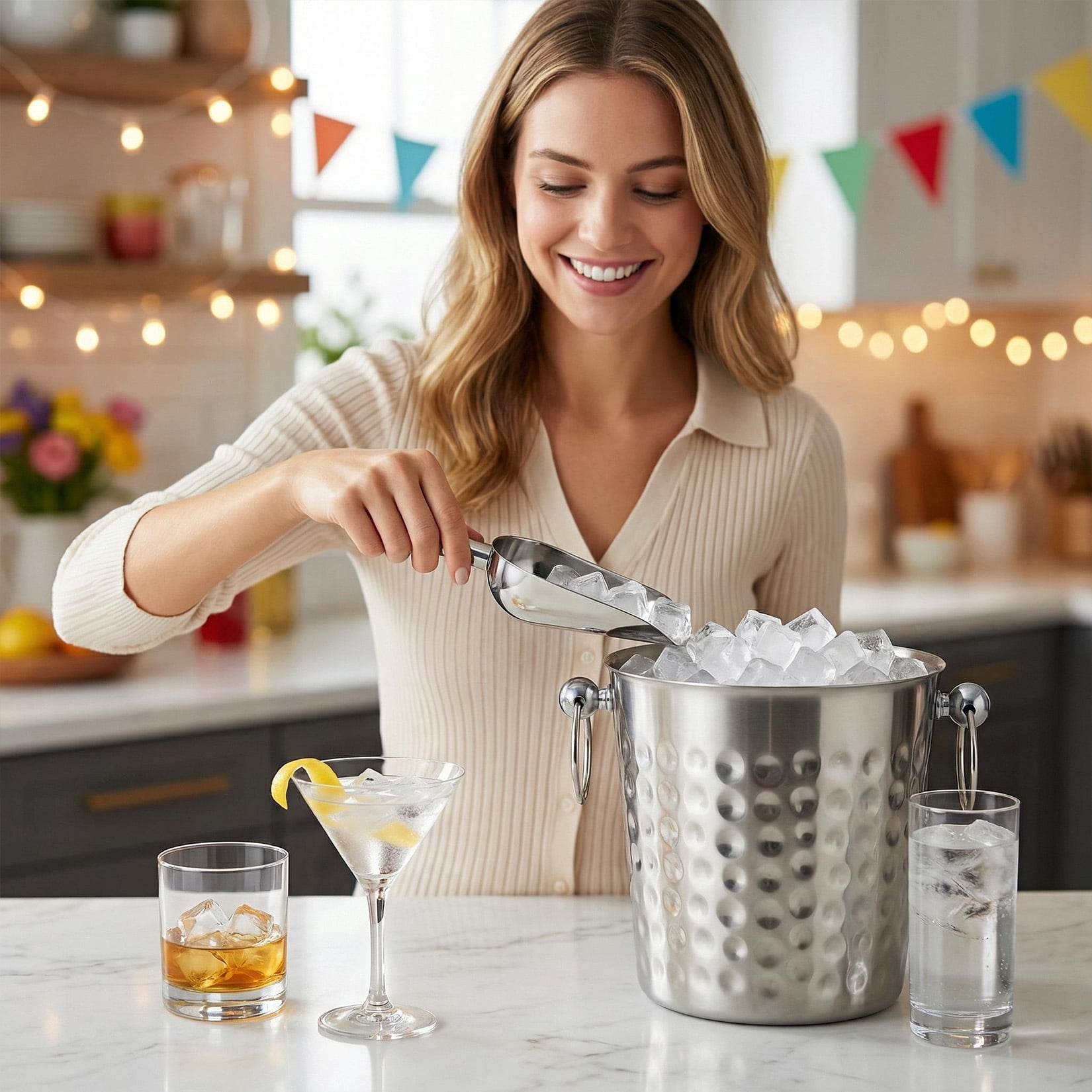 102oz Hammered Stainless Steel Ice Bucket with Scoop, Double Handle Metal Wine & Champagne Chiller, Non-Slip Beverage Cooler for Bar, Party & Home (7.5" x 7.5" x 7.3")