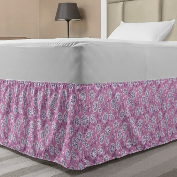 Dandelion Bed Skirt, Abstract Pattern of Funny Botanical Motif in Colors, Elastic Bedskirt Dust Ruffle Wrap Around for Bedding Decor, 4 Sizes, Fuchsia Violet and White, by Ambesonne