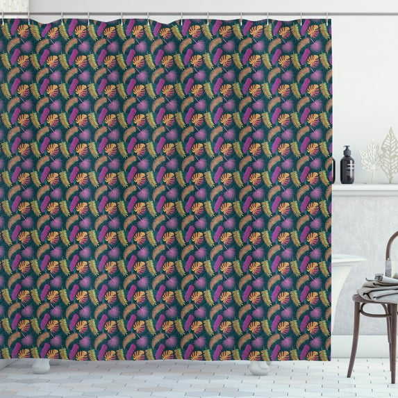 Tropical Shower Curtain, Graphic Exotic Flora Pattern of Jungle Foliage Leaves Silhouette, Fabric Bathroom Set with Hooks, 69W X 70L Inches, Orange Purple and Dark Teal, by Ambesonne