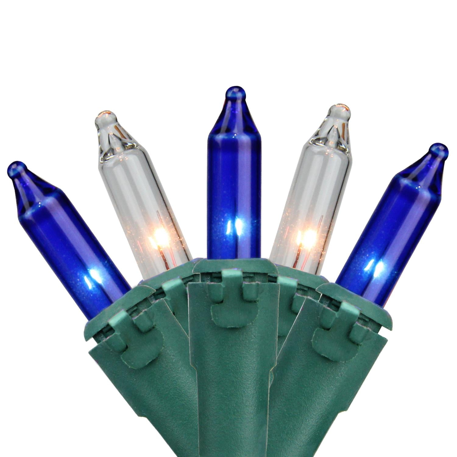 Set of 35 Blue & Clear Mini Christmas Lights 2.5" Spacing Green Wire