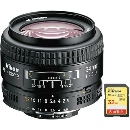 Nikon AF FX Full Frame NIKKOR 24mm f/2.8D Fixed Zoom Lens with Auto Focus (1919) with Sandisk 32GB Extreme SD Memory UHS-I (Best 24mm Lens For Nikon)