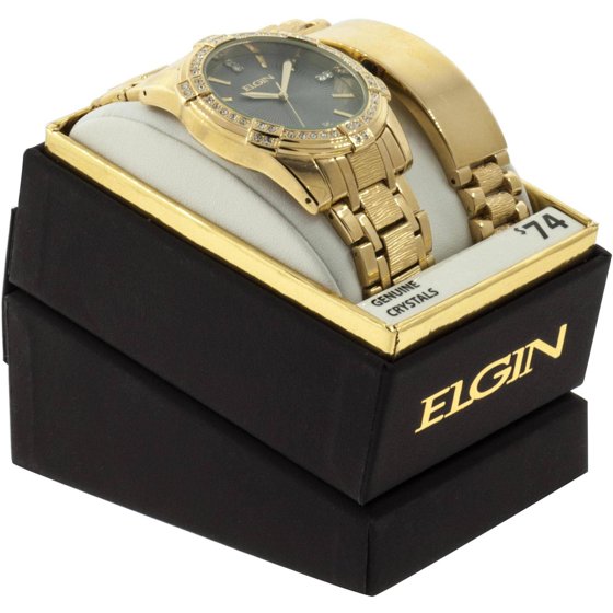ELGIN Men's Large Round Grey Dial Analog Watch and Bracelet Set, Gold