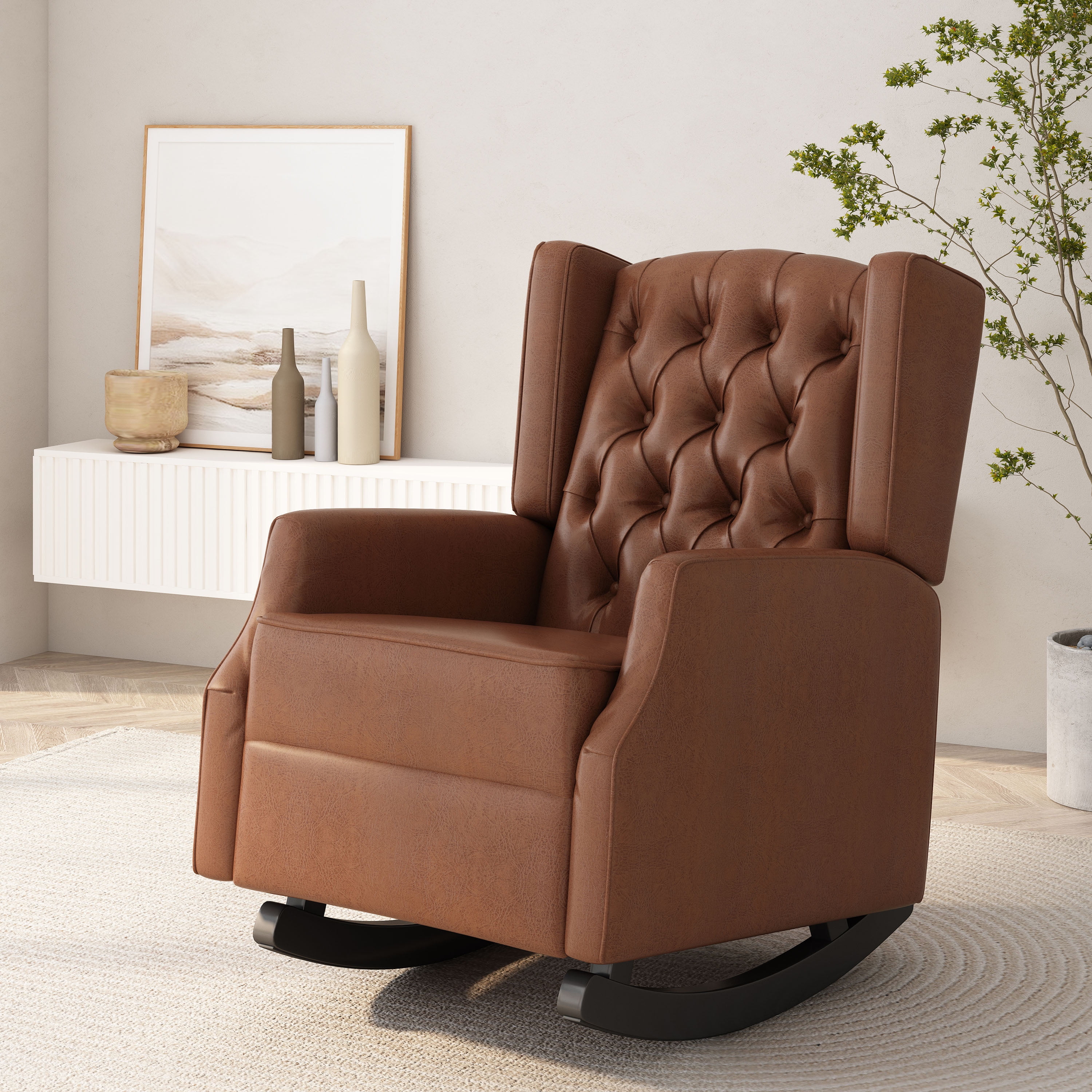 FFZ Rocking Chair Nursery Wingback Solid Wood Frame Armchair Living Room Bedroom