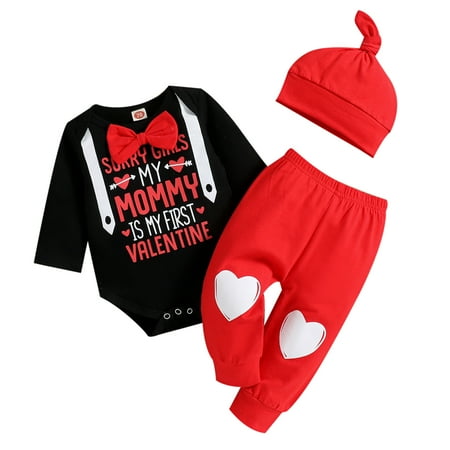 

ZHUASHUM Baby Boys Girls Valentine s Day Letter Printed Romper Bodysuit Pants Hat Outfits