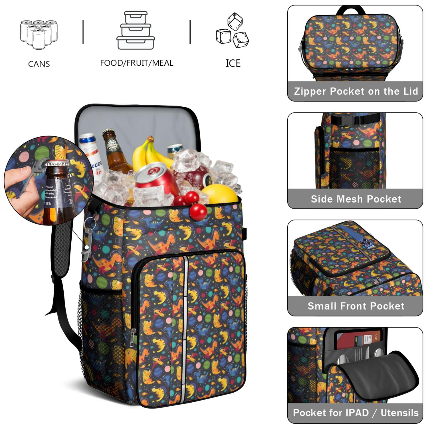 Travel Cooler Bag - Colorful Dinosaurs Astronauts Planets Pattern Camping Beer Cooler Backpack with Bottle Opener- Waterproof Insulated Picnic Backpacks - Cooler Bag for Beach