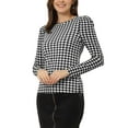 thumbnail image 4 of INSPIRE CHIC Women's Puff Sleeve Round Neck T Shirt Long Sleeves Knit Stretch Plaid Pullover Top M Black&White, 4 of 5