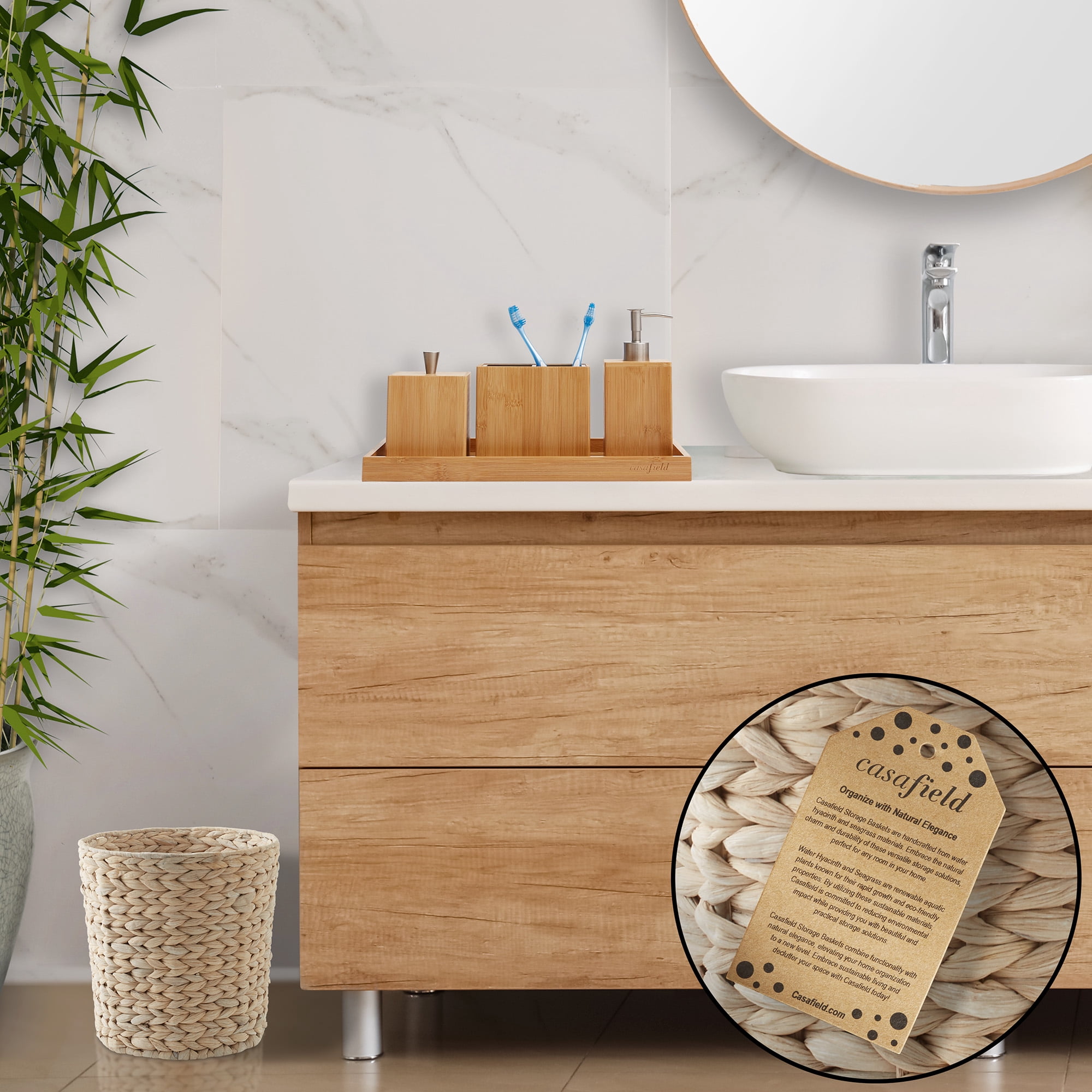 Casafield Hyacinth Waste Basket - Whitewash White, Woven Wicker Trash Can for Garbage in the Bathroom, Bedroom, Laundry Room, Home Office