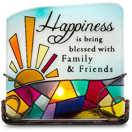 Pavilion-   Happiness is being blessed with Family and Friends Glass Sun Catcher Tealight Candle Holder Plaque with