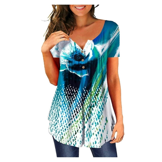 Tunique à Imprimé Floral à Col en V pour Femmes, Boutons, Manches Courtes, Blouse Ample, T-shirt pour Femmes