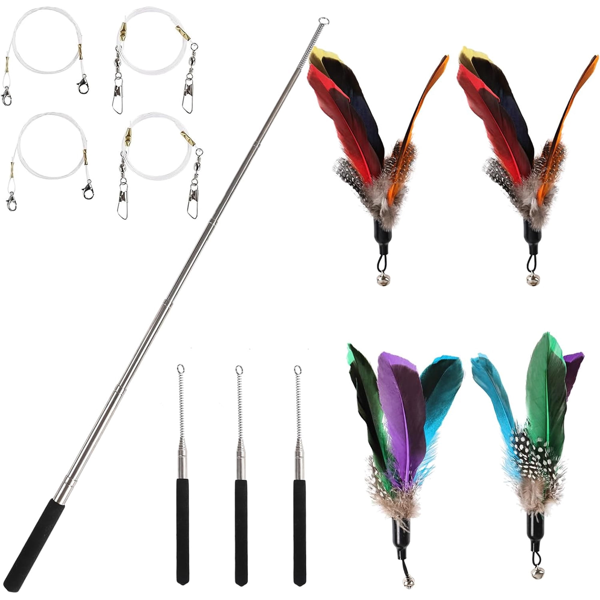 Cat Wand Attachments - Colorful Natural Feather Cat Toy Refills with Bells Feather Wand Cat Toys for Compatible Teaser Wands (4feather+4wand)