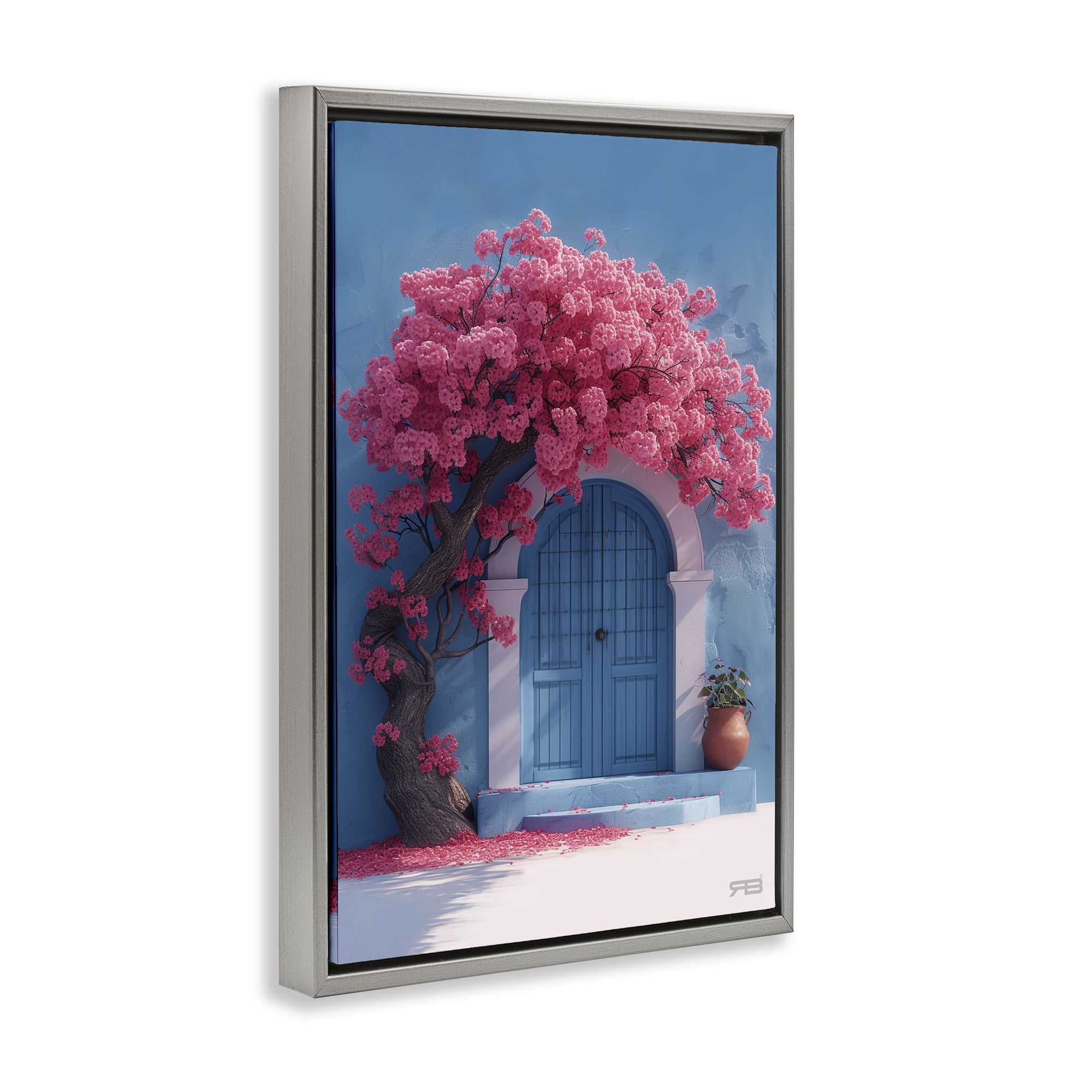 Stupell Industries Tree Circling Doorway Buildings & Architecture Painting Gray Floater Framed Canvas Art Print Wall Art, 21 x 31