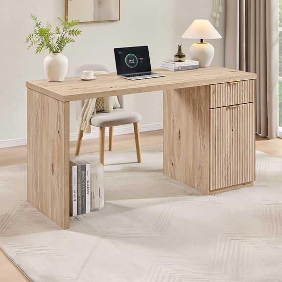 ACCOHOHO 60" Modern Executive Desk with Storage, Wooden Fluted Home Office Desk with Drawer & Cabinet for Study Bedroom Living Room - Natural Oak