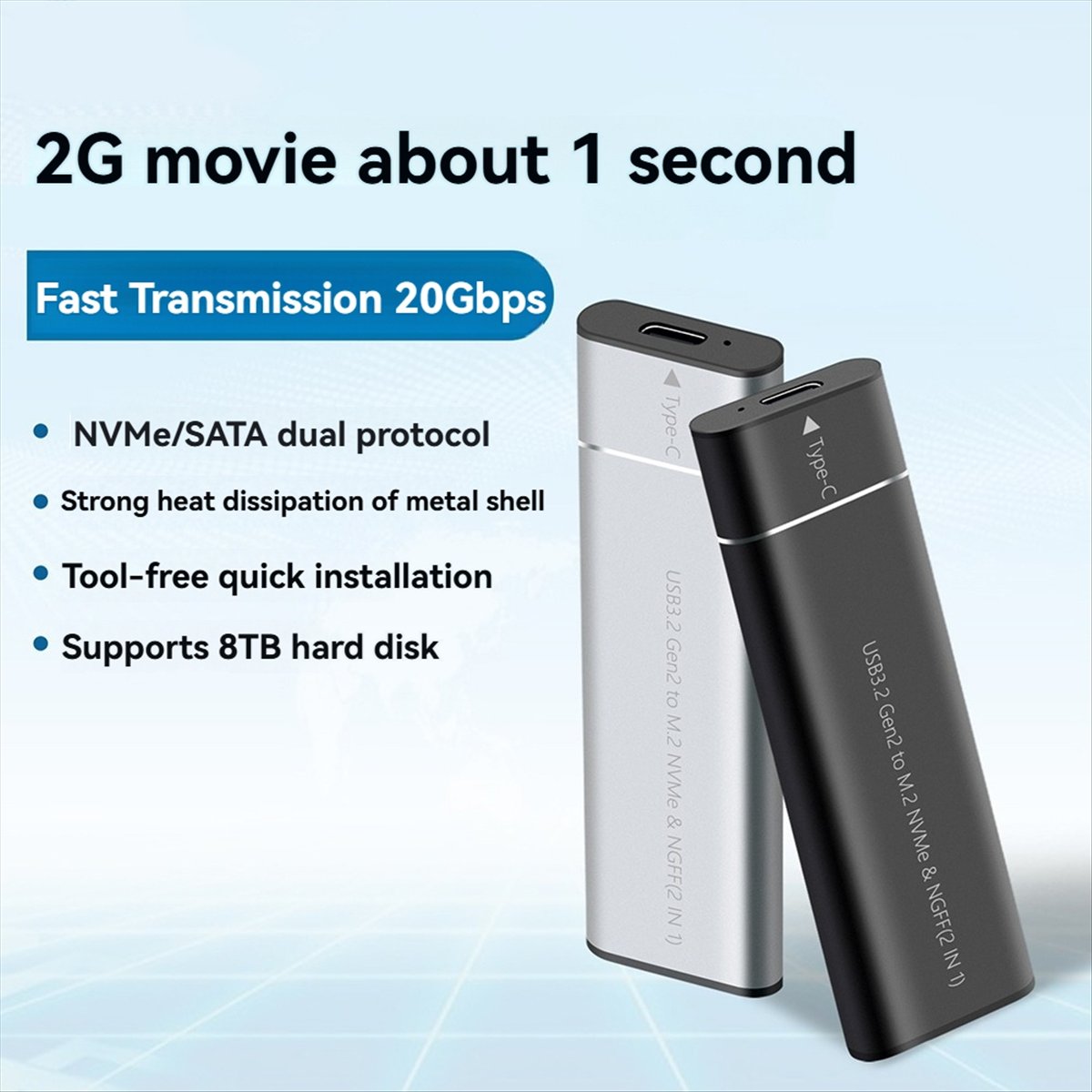 M.2 NVMe SATA SSD Enclosure Adapter Tool-Free USB 3.2 Gen2 20Gbps External NVMe to USB SATA M-Key / B+M Key Black