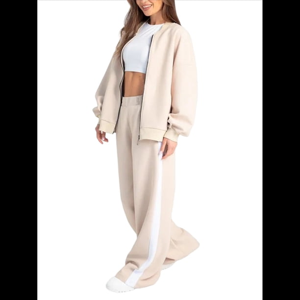 Conjunto de 2 Piezas para Mujer: Sudadera Informal de Larga con Cremallera y Pantalones Deportivos de Pierna Albaricoque XXL