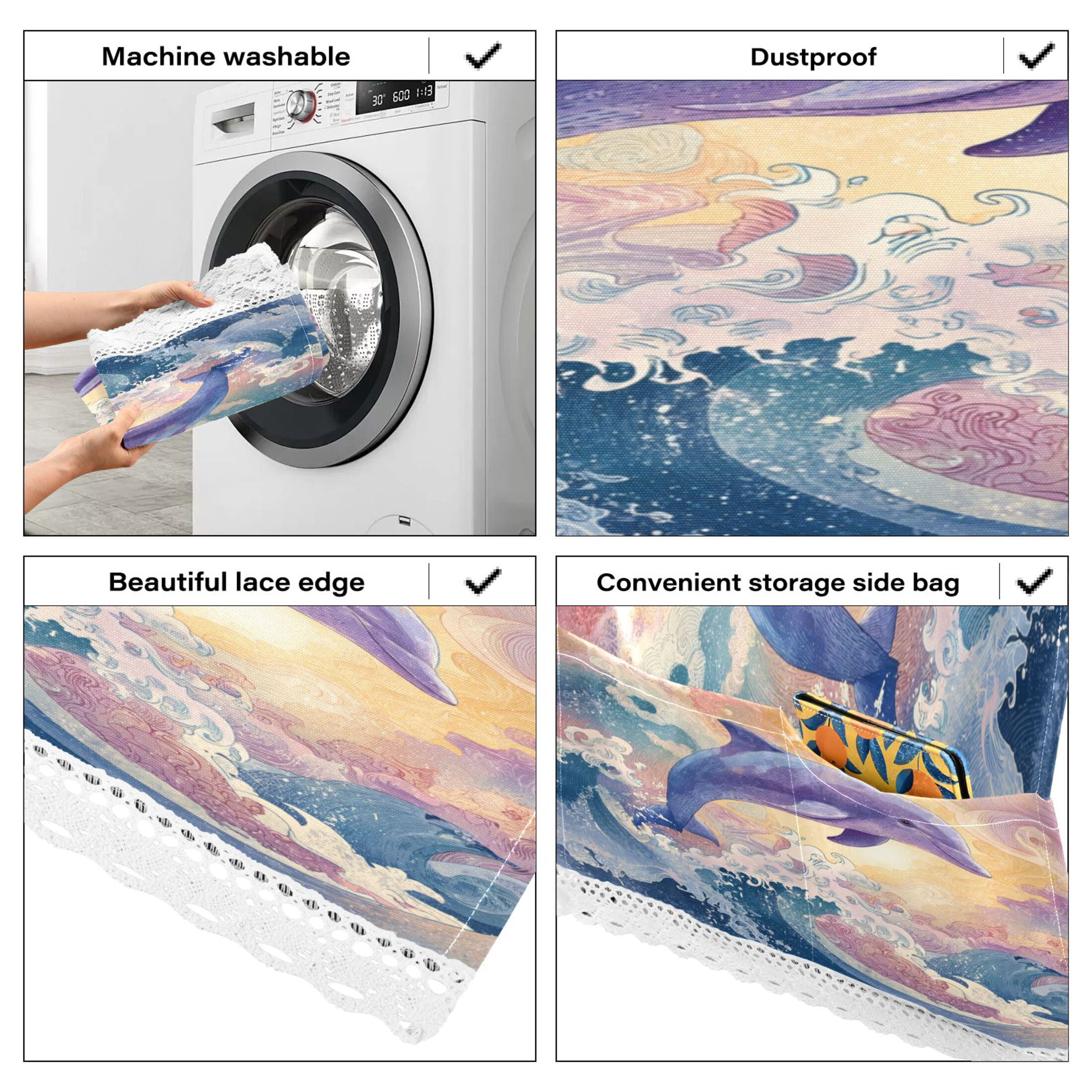Washing Machine Cover 51.2x22in, Durable Polyester Dust Cover with Lace Trim and Side Pocket for Appliances Dolphin