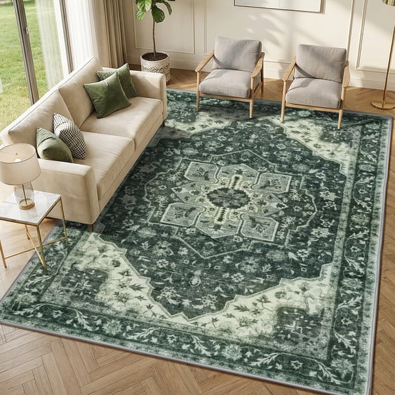 WANLISELL 6'x9' Area Rugs for Living Room, Non-Slip Vintage Soft Washable Rug Low Pile, Non-Shedding Distressed Farmhouse Dining Room Rugs, Dark Green