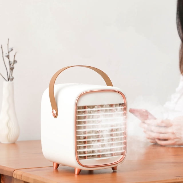 Aire acondicionado, ventilador de refrigeración silencioso, enfriador evaporativo USB con correa de transporte portátil para casa, oficina, coche, color blanco
