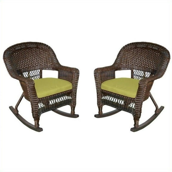 Jeco Rocker Wicker Chair in Espresso with Green Cushion (Set of 2)