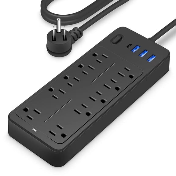 Power Strips with Surge Protection, 2000W/13A, 10 Outlets, with 4 USB Ports (1 USB C), with 14-in-1 Flat Plug Power Strip Protector for Home,Office,3.94 ft Black