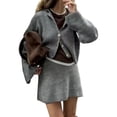 thumbnail image 2 of Womens 2 Piece Sweater Skirt Sets Long Sleeve Collared Button Cardigan Knit Mini Skirt Two Piece Gray M, 2 of 9