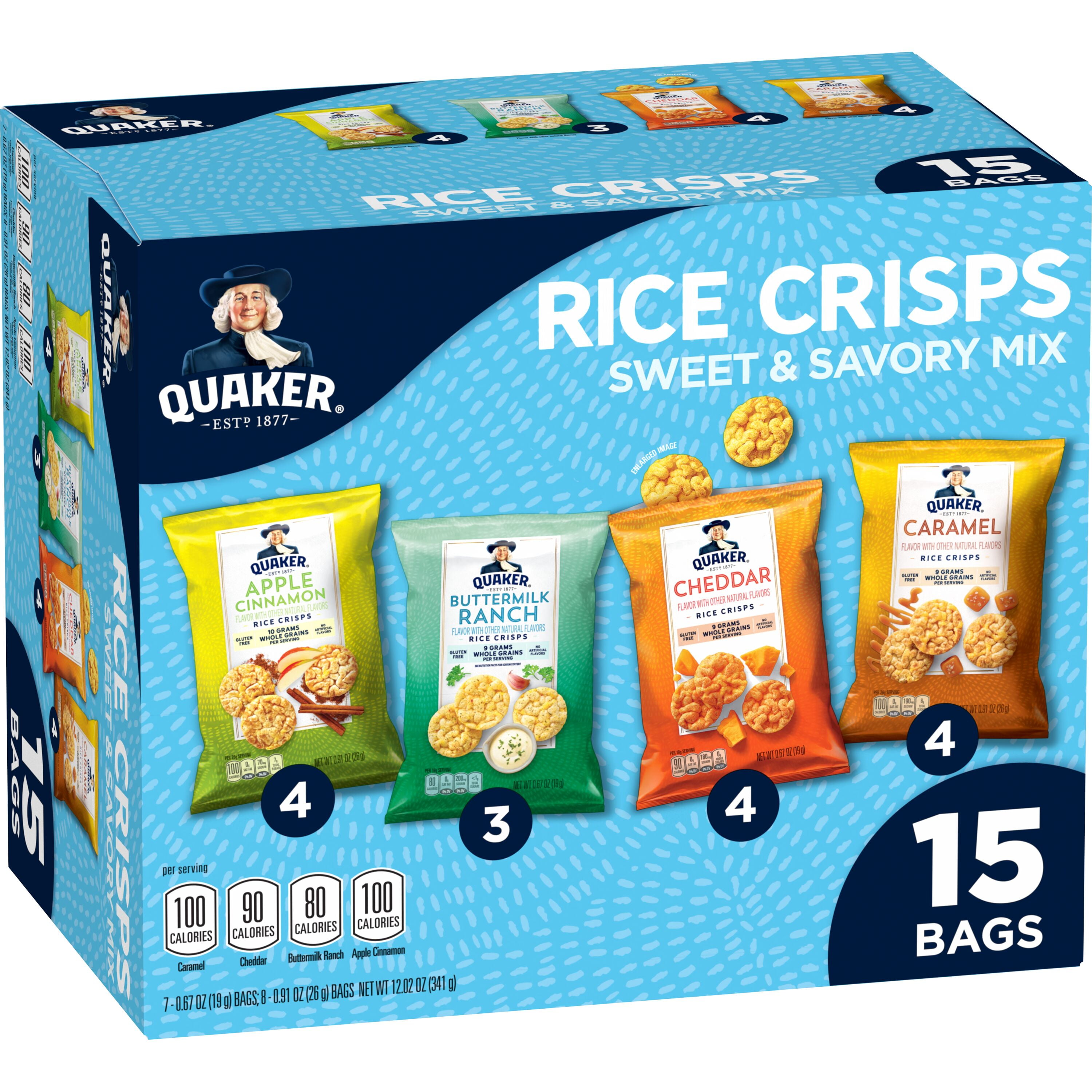 (4 pack) Quaker Rice Crisps Sweet & Savory Variety (Caramel, Cheddar, Apple Cinnamon, Ranch) 12 oz, 15 Count