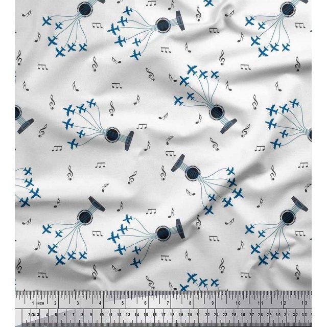 Soimoi Cotton Cambric Fabric Airplane,Guitar Wire & Notes Musical Instrument Print Fabric by The Yard 56 Inch Wide