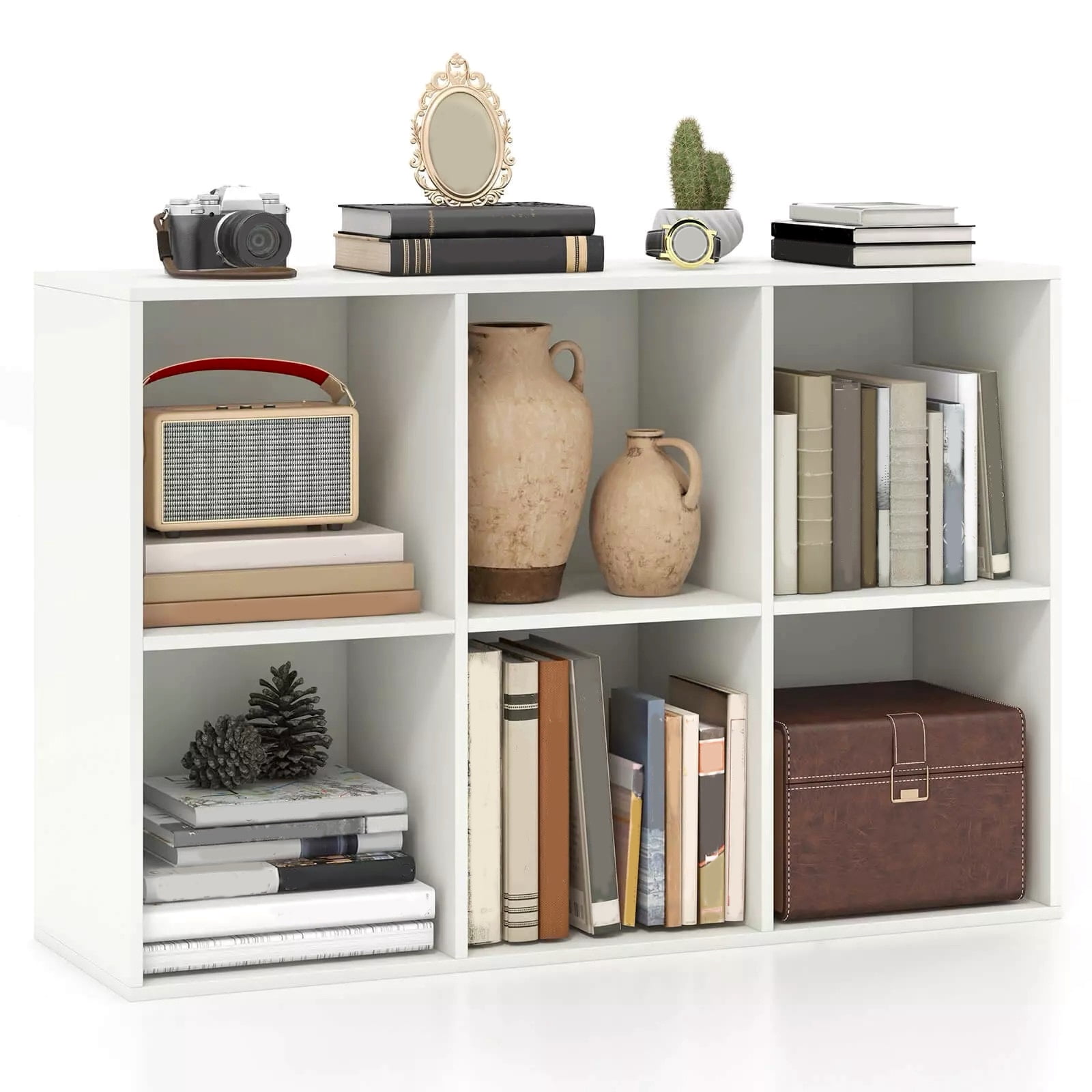 Harmijoy 6-Cube White Bookshelf, 3-Tier Wooden Storage Organizer w/ Anti-tipping Kits, Modern Freestanding Bookcase Display Shelf