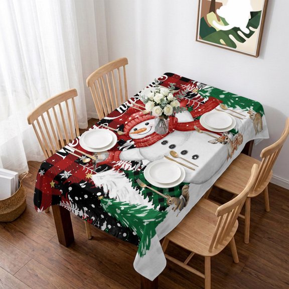 Red Plaid Snowman Christmas Table Cloth Waterproof Tablecloths, Xmas Tree Snowflake Elk Winter Tablecloth Dining Table Cover for Kitchen Party Tabletop Outdoor, Rectangle Tablecloth 60x84 Inch