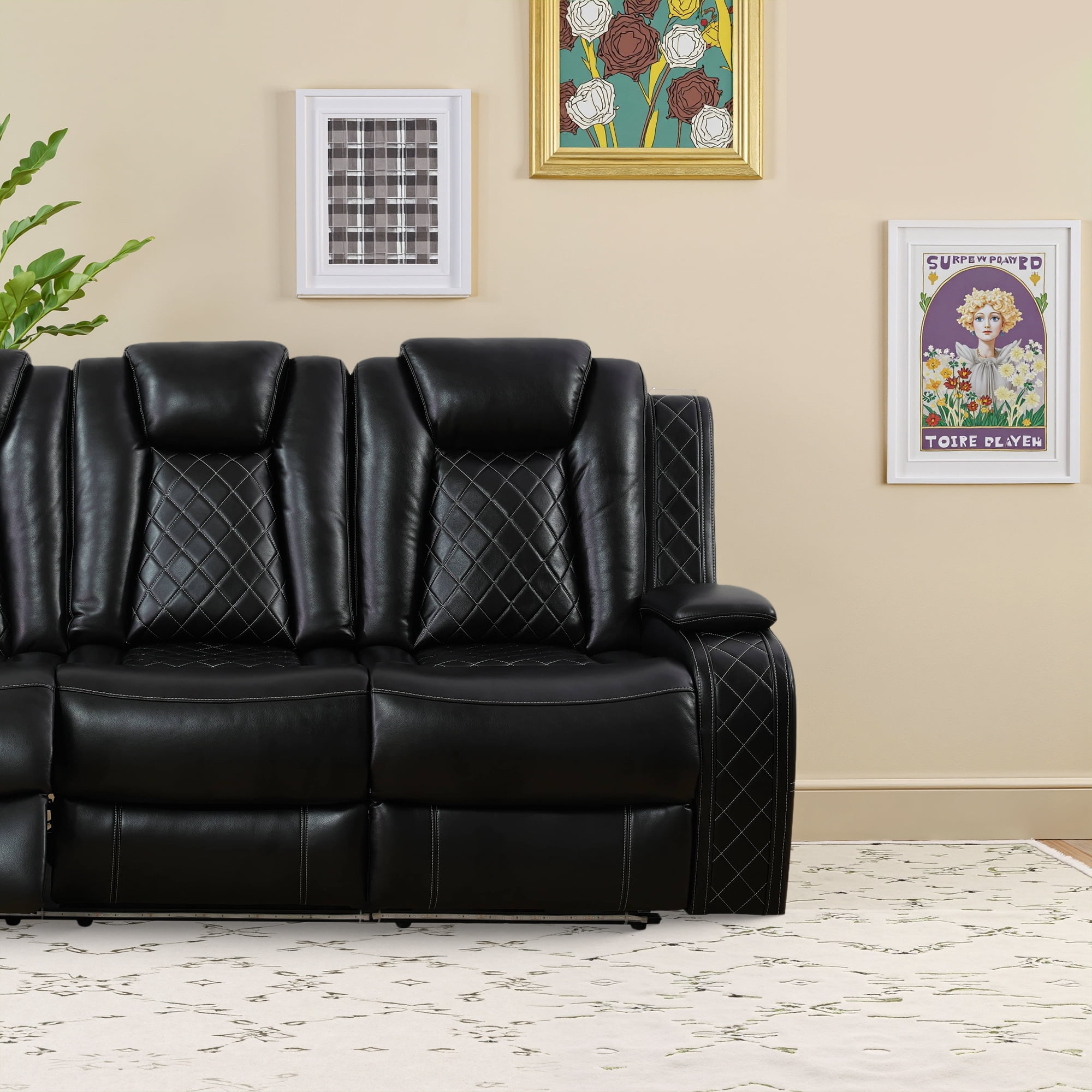 MAYEERTY Black Breathing Leather Living Room Sectional Recliner Sofa