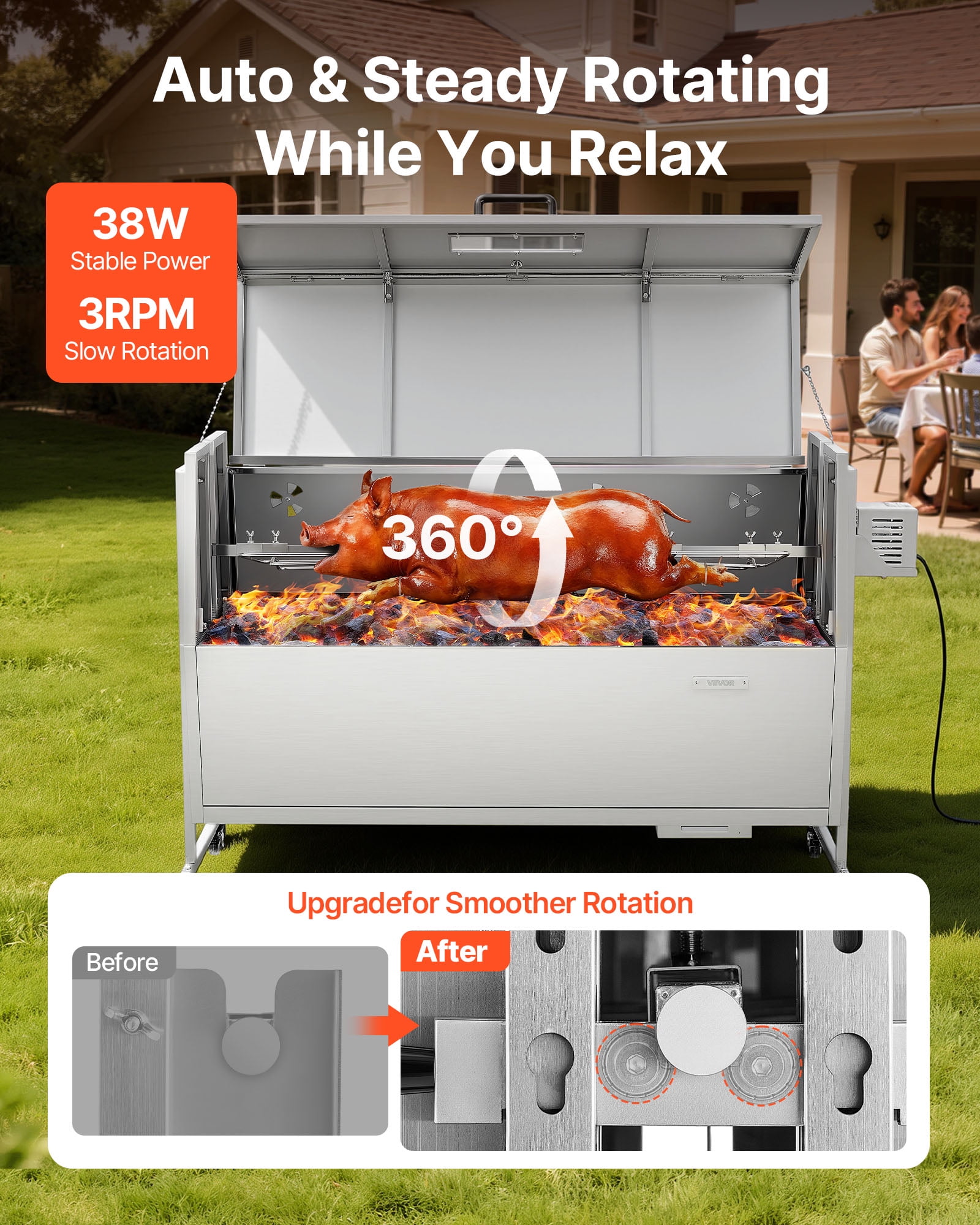 VEVOR Rotisserie Grill, 38W BBQ Outdoor Pig & Lamb Spit Roaster, Charcoal Spit Roaster with 132 LBS Capacity, Wheels & 4-Level Height,Stainless Steel Electric Rotisserie Grill Kit for Camping Outdoor