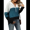thumbnail image 2 of Suéter con Capucha y Media Cremallera para Mujer, Talla Grande, Color Block, Punto Acanalado, Cuello en V, Larga Azul S, 2 of 10