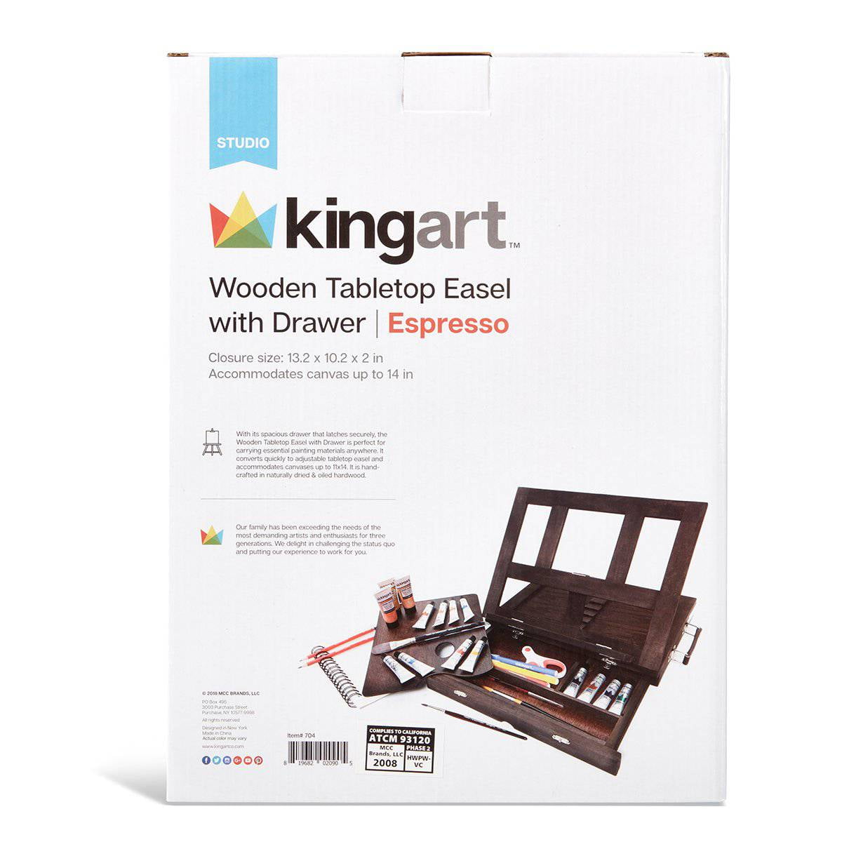 KINGART Studio Wooden Tabletop Easel, Adjustable with Storage Drawer & Wood Palette, Espresso Finish