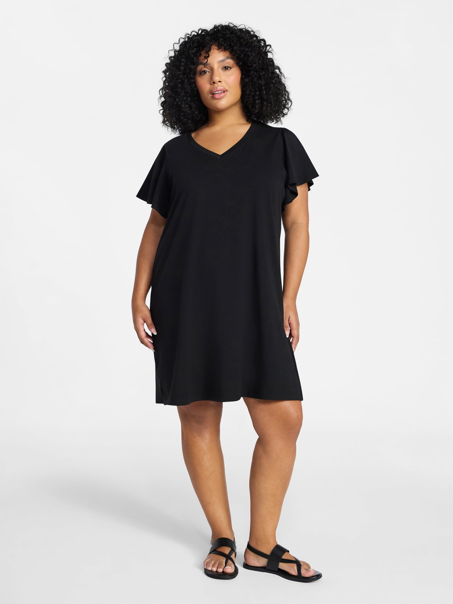 Terra & Sky Women's Plus Size V Neck Tee Dress with Flutter Sleeves, Size 0X-5X